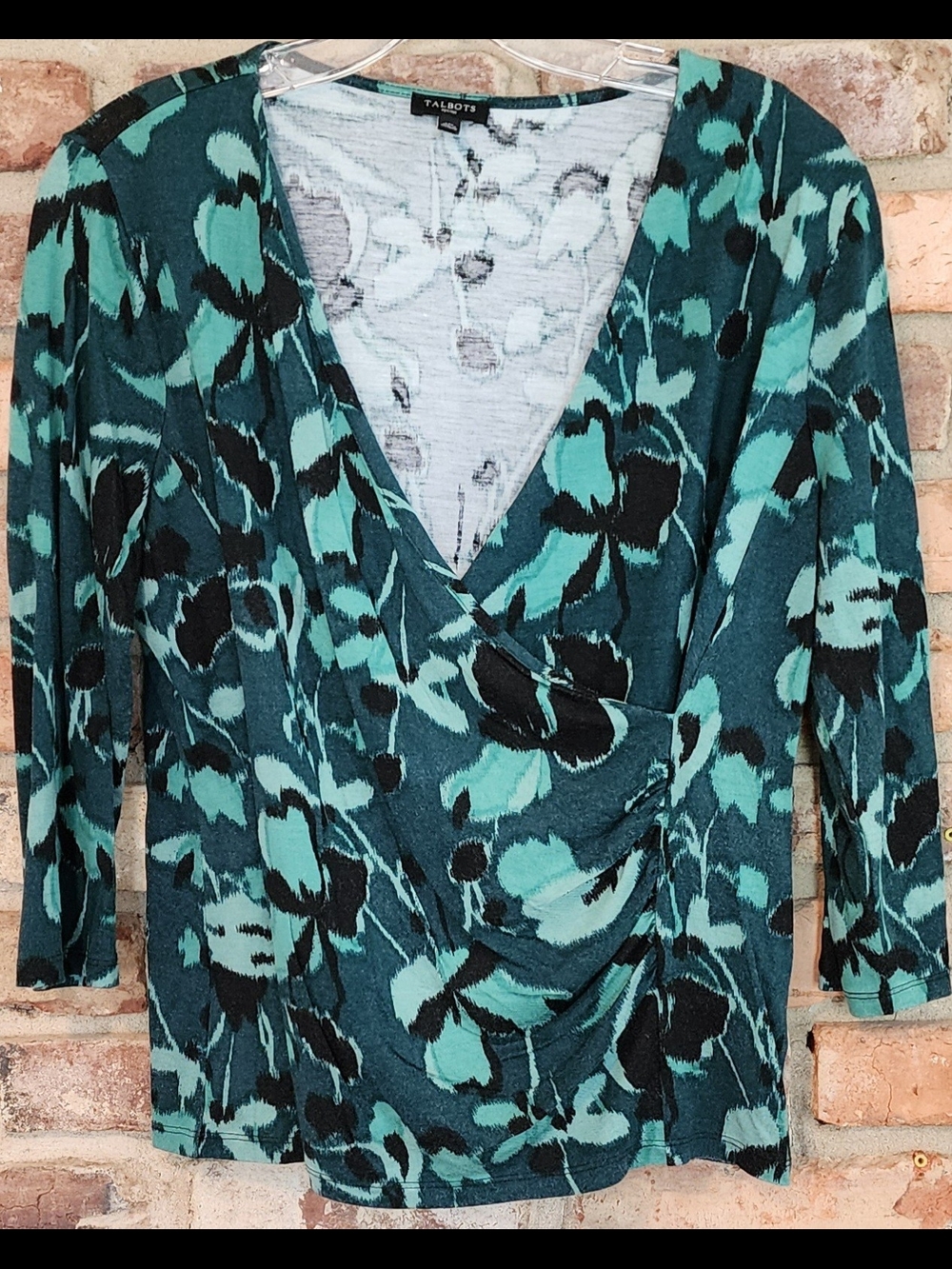 Talbots Teal & Black Floral Faux-Wrap PM Top